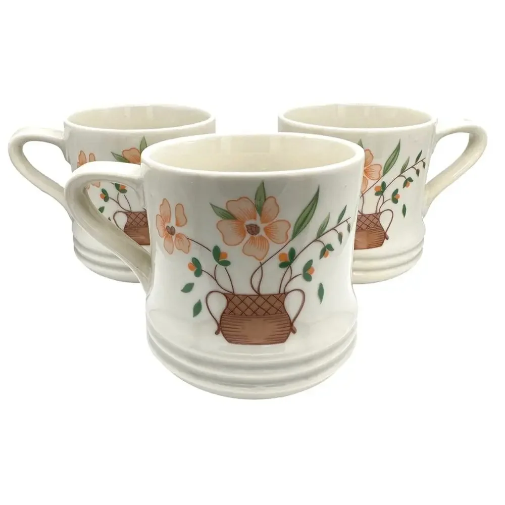 Vintage 80s Countryside Stoneware Coffee Tea Mugs Basket Floral Set of 3